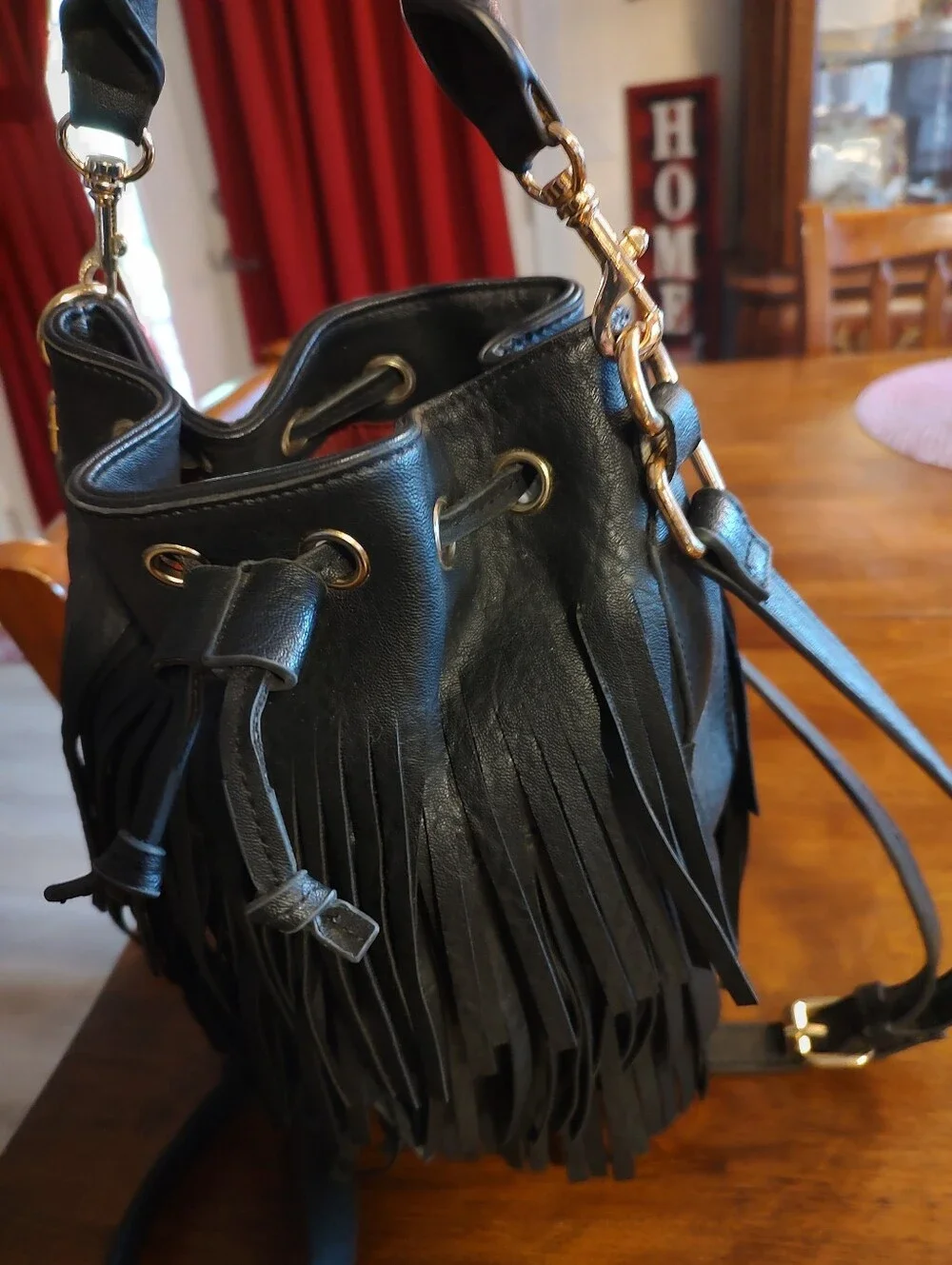 Black Fringe Bucket Crossbody Bag - Unbranded